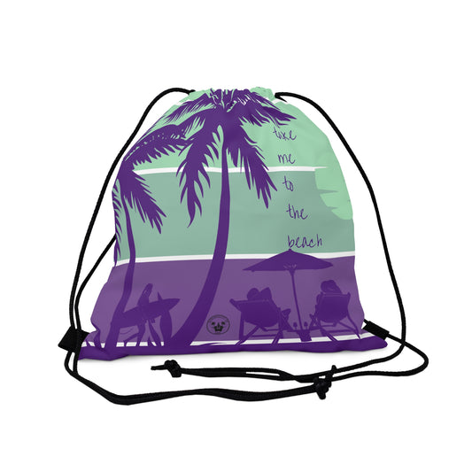 Discover the ultimate travel companion! Our drawstring backpack combines functionality with style, featuring a Beach Scene sillouete design with palm trees and beach goers along with the text Take Me To The Beach. Purple and Teal colored. Perfect for on-the-go adventurers, this lightweight backpack is ideal for storing essentials while exploring. Grab yours now for an unforgettable journey. This is a front view of the backpack.