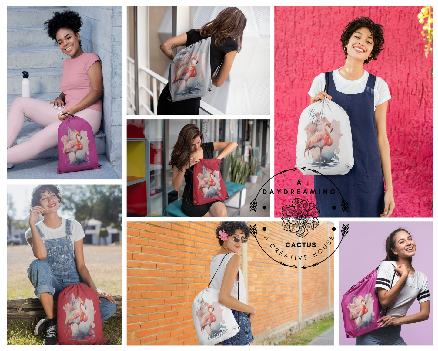 Unleash your wanderlust with our versatile drawstring backpack! Embrace travel with ease and style, flaunting a Beach Life Flamingo graphic with bright color backgrounds.Designed for adventurers, it's the perfect blend of practicality and fashion. Get yours today for your next adventure! This is a collage of different mockup models showcasing the front view of the backpack in various colors.  