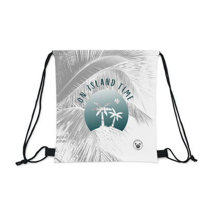 A Daydreaming Cactus created the ultimate travel companion drawstring backpack combines functionality with style, featuring a vibrant gradient green teal simple graphic of two palmtrees on an island  and grey tone palm tree background with the text "On Island Time" design. Perfect for on-the-go adventurers, this lightweight backpack is ideal for storing essentials while exploring. Grab yours now for an unforgettable journey! This image is front view mockup.
