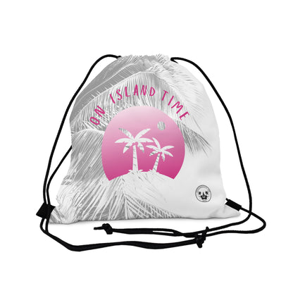 A Daydreaming Cactus created the ultimate travel companion drawstring backpack combines functionality with style, featuring a vibrant gradient pink simple graphic of two palmtrees on an island  and grey tone palm tree background with the text "On Island Time" design. Perfect for on-the-go adventurers, this lightweight backpack is ideal for storing essentials while exploring. Grab yours now for an unforgettable journey! This image is front view mockup.