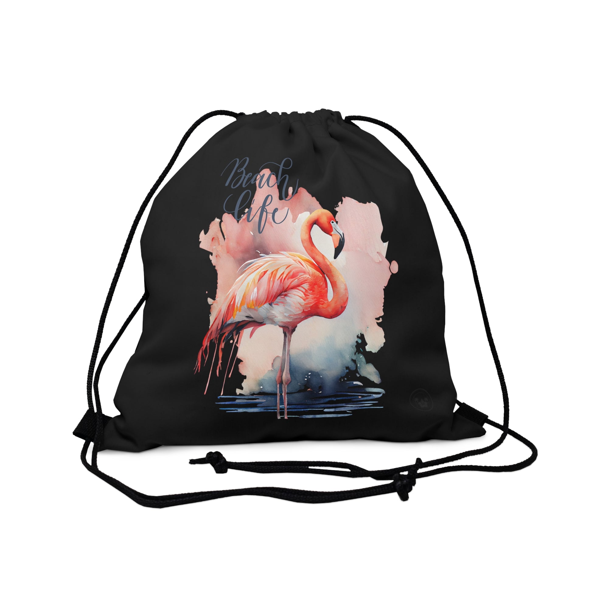 Unleash your wanderlust with our versatile drawstring backpack! Embrace travel with ease and style, flaunting a Beach Life Flamingo graphic with bright color backgrounds. This one is a black background. Designed for adventurers, it's the perfect blend of practicality and fashion. Get yours today for your next adventure! This is a front view of the backpack. 