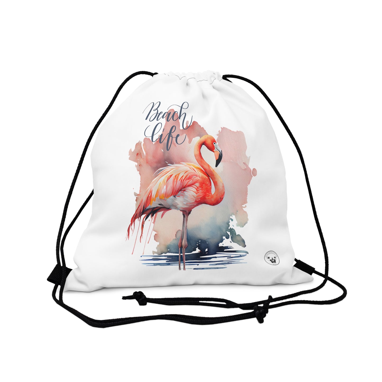 Unleash your wanderlust with our versatile drawstring backpack! Embrace travel with ease and style, flaunting a Beach Life Flamingo graphic with bright color backgrounds. This one is a white background. Designed for adventurers, it's the perfect blend of practicality and fashion. Get yours today for your next adventure! This is a front view of the backpack. 