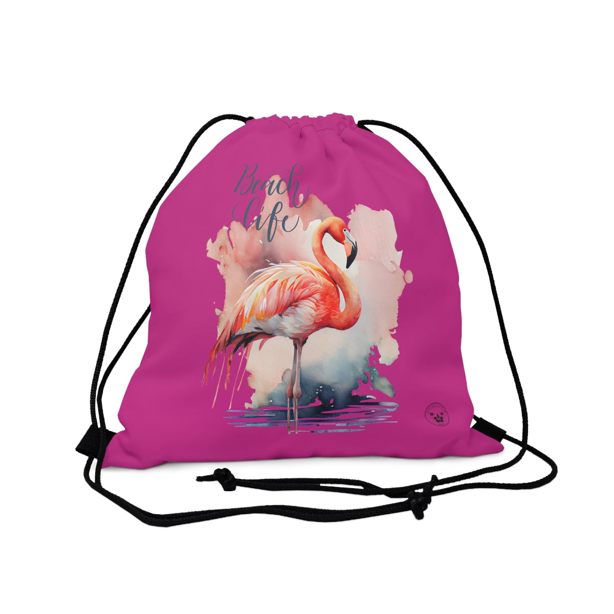 Unleash your wanderlust with our versatile drawstring backpack! Embrace travel with ease and style, flaunting a Beach Life Flamingo graphic with bright color backgrounds. This one is a pink background. Designed for adventurers, it's the perfect blend of practicality and fashion. Get yours today for your next adventure! This is a front view of the backpack. 