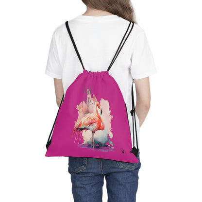 Unleash your wanderlust with our versatile drawstring backpack! Embrace travel with ease and style, flaunting a Beach Life Flamingo graphic with bright color backgrounds. This one is a pink background. Designed for adventurers, it's the perfect blend of practicality and fashion. Get yours today for your next adventure! This is a front view of the backpack on the back of a model. 