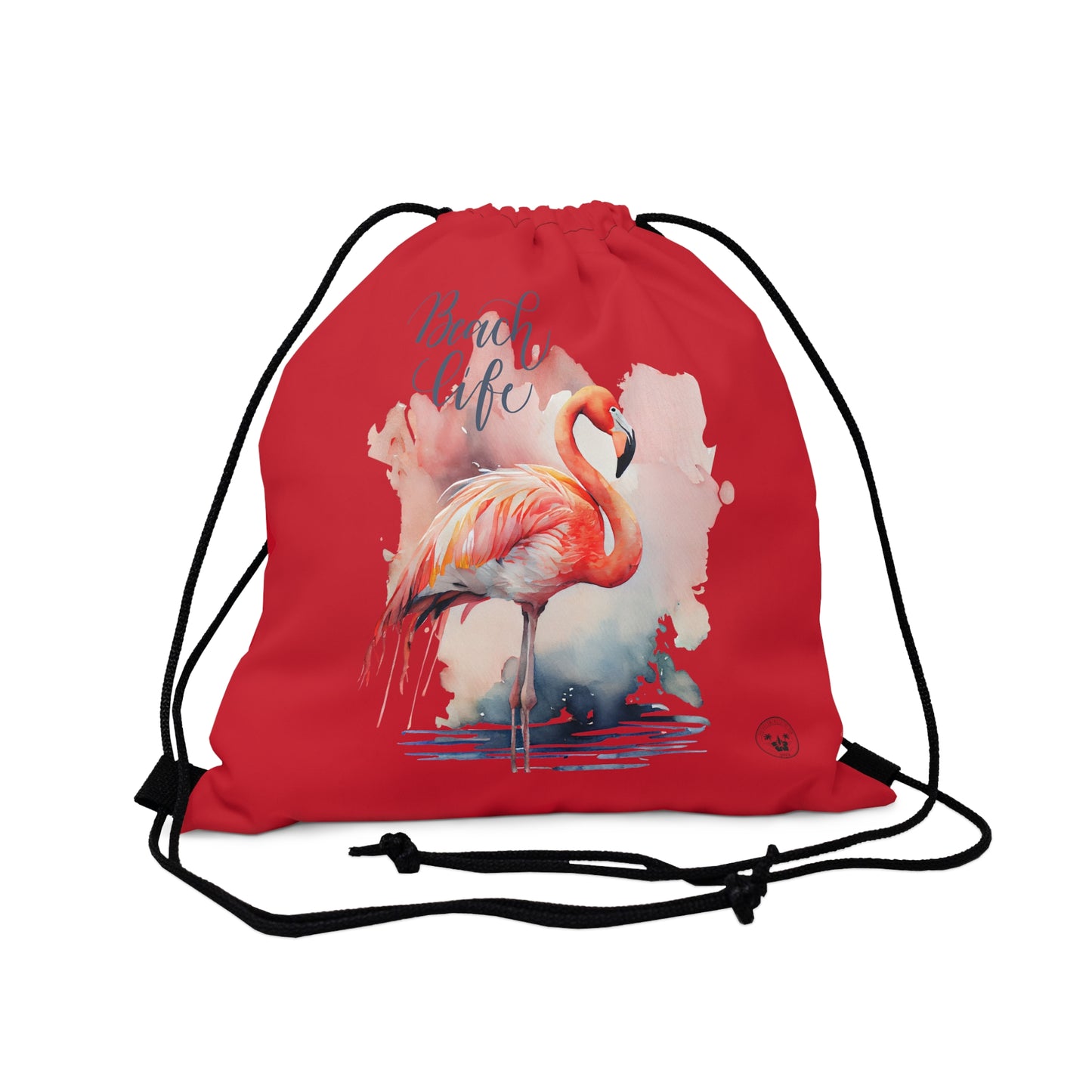 Unleash your wanderlust with our versatile drawstring backpack! Embrace travel with ease and style, flaunting a Beach Life Flamingo graphic with bright color backgrounds. This one is a red background. Designed for adventurers, it's the perfect blend of practicality and fashion. Get yours today for your next adventure! This is a front view of the backpack. 