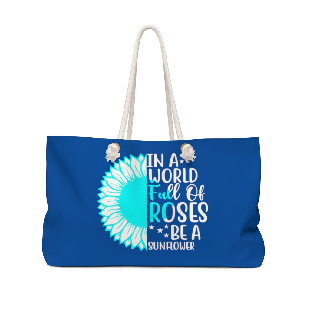 Teal Graphic Roses and Sunflowers Large Blue Weekender Bag - Travel Tote