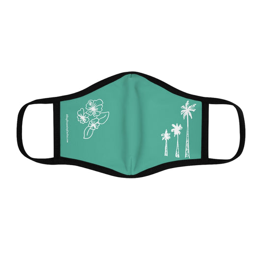 White Palm Trees and Hibiscus Flower Teal Hawaiian Style Form Fitted Polyester Face Covering Mask