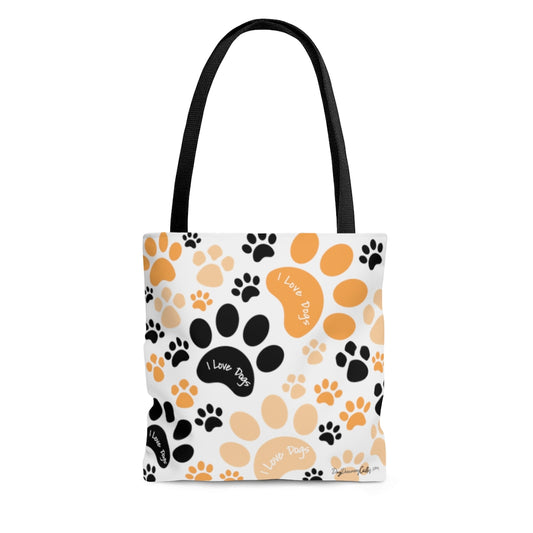 Orange Pawprint I love Dogs Tote Bag - Grocery Travel Carry-on - 3 Sizes Available
