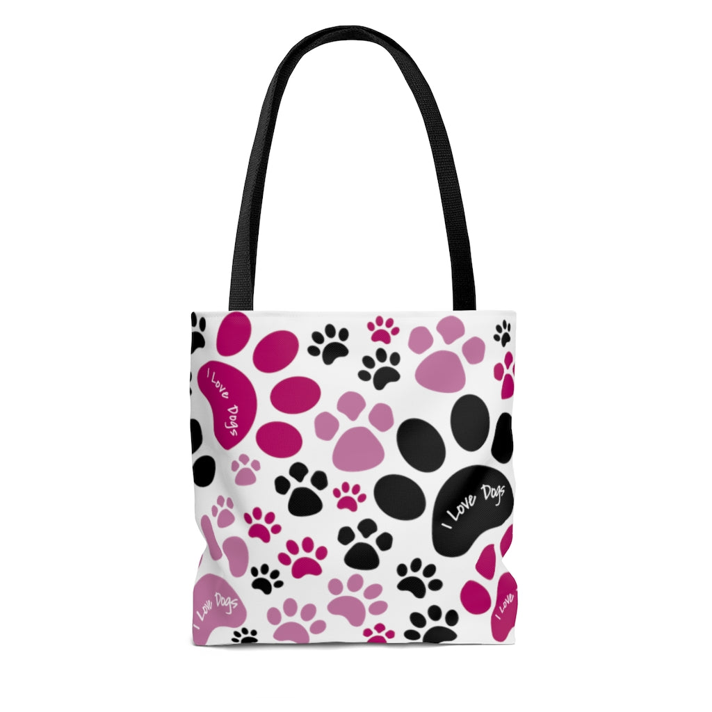 Pink Pawprint I Love Dogs Tote Bag - Travel Grocery Carry-on - 3 sizes