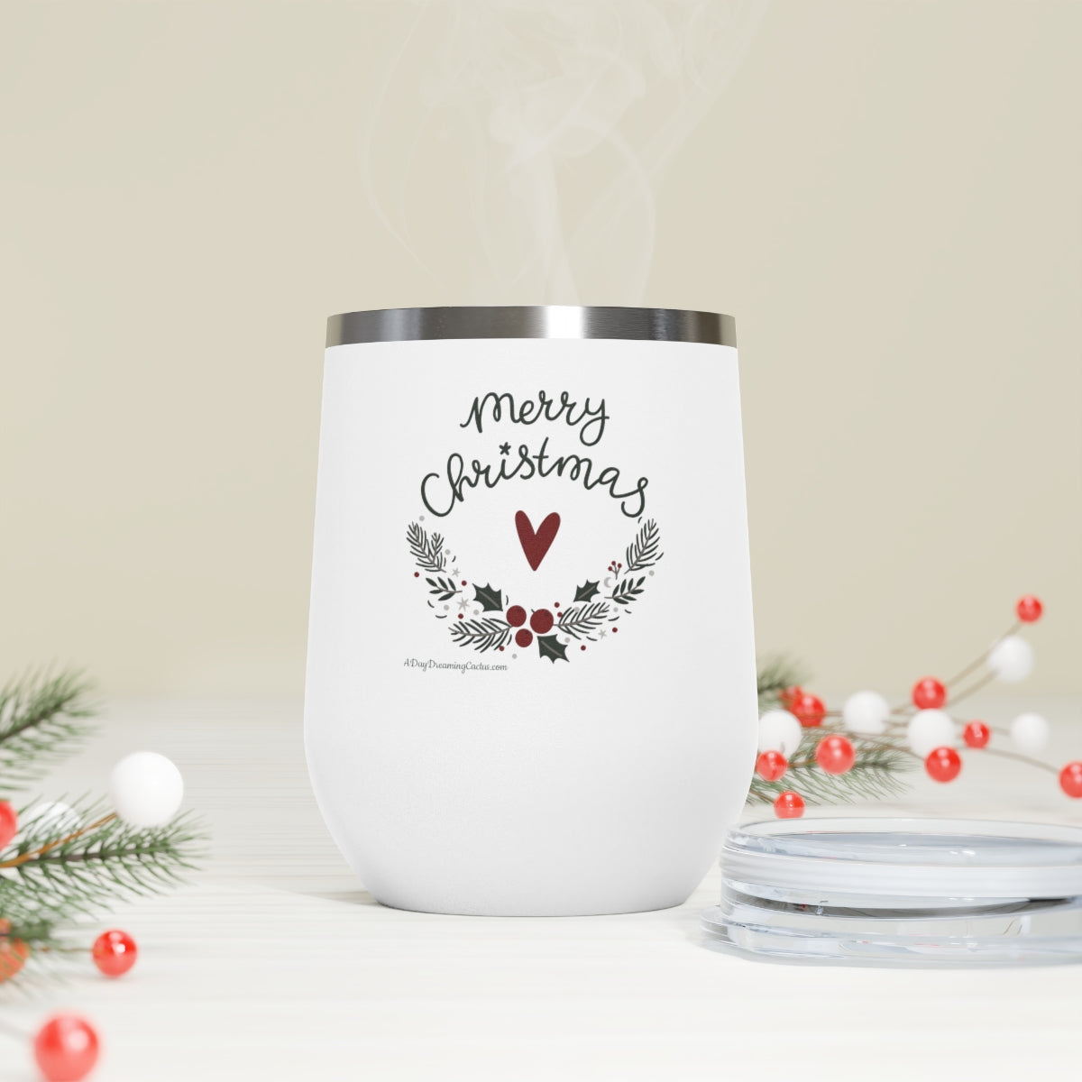 Merry Christmas Heart and Greenery White or Silver 12oz Insulated Wine Tumbler - Cup Mug Drinkware