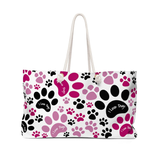I Love Dogs Pink Pawprints Weekender Beach Bag and Travel Tote