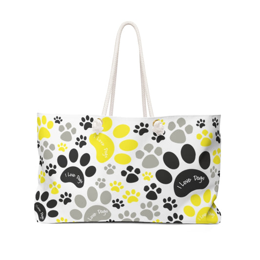 I Love Dogs Yellow Pawprints Weekender Beach Bag - Travel Tote