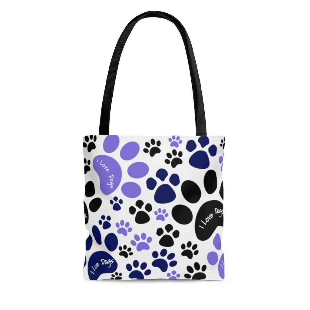 Blue Pawprint I Love Dogs Tote Bag- Grocery Travel Carry-on - 3 sizes