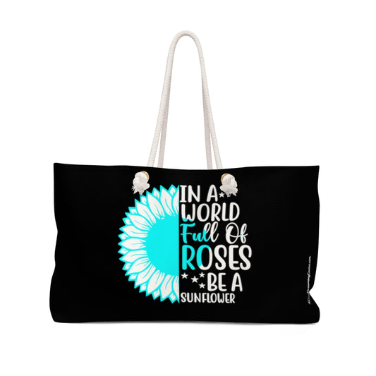 Pretty In Teal on a Black Weekender Bag - Roses and Sunflowers Large Tote - Travel Bag