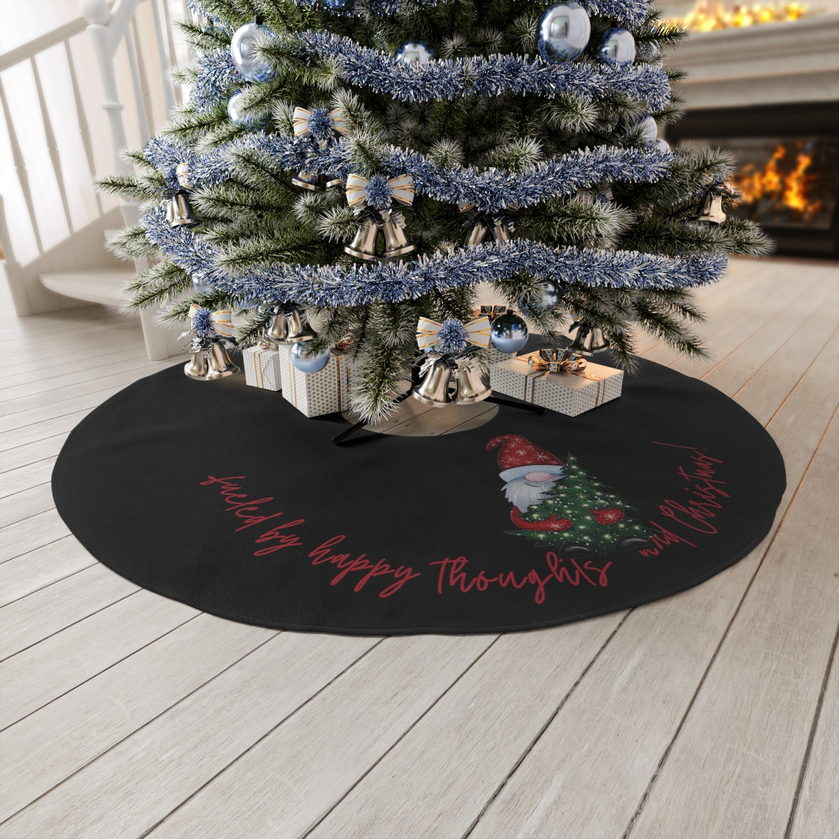 Black Fueled by Happy Thoughts & Christmas with 3 Christmas Gnome and Starry Night ~ Christmas Holiday Round Tree Skirt