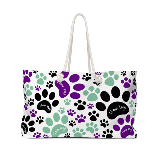 Purple and Green I Love Dogs Pawprint Large Weekender Beach Bag - Travel Tote
