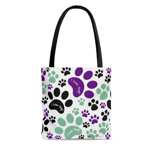 Green Purple Pawprint I Love Dogs Tote Bag - Grocery Travel Carry-on - 3 Sizes Available