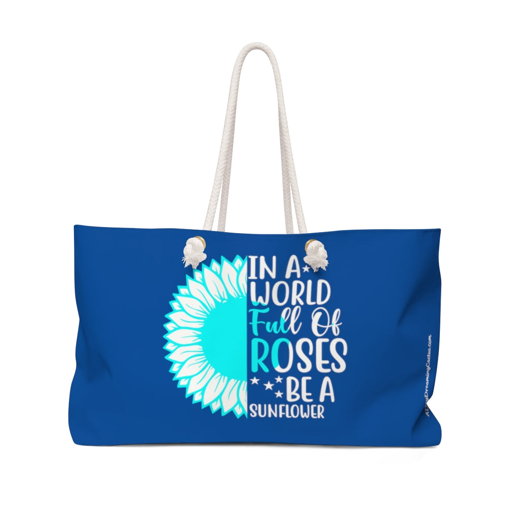 Teal Graphic Roses and Sunflowers Large Blue Weekender Bag - Travel Tote