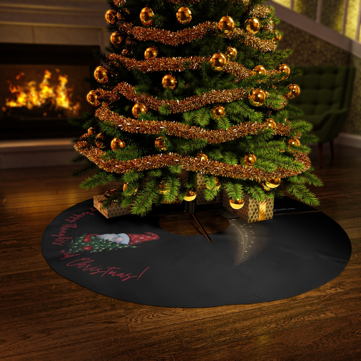 Black Fueled by Happy Thoughts & Christmas with 3 Christmas Gnome and Starry Night ~ Christmas Holiday Round Tree Skirt