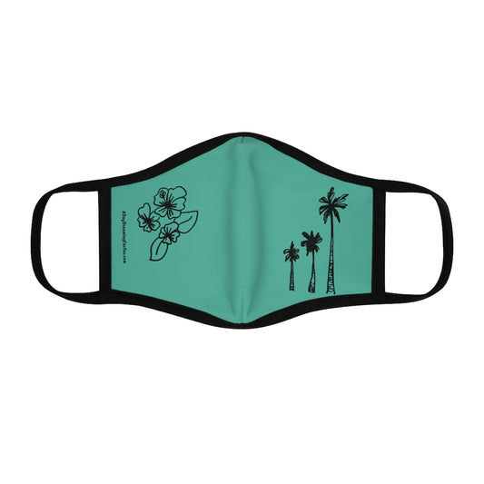 Black Palm Trees and Hibiscus Flower Teal Hawaiian Style Form Fitted Polyester Face Covering Mask
