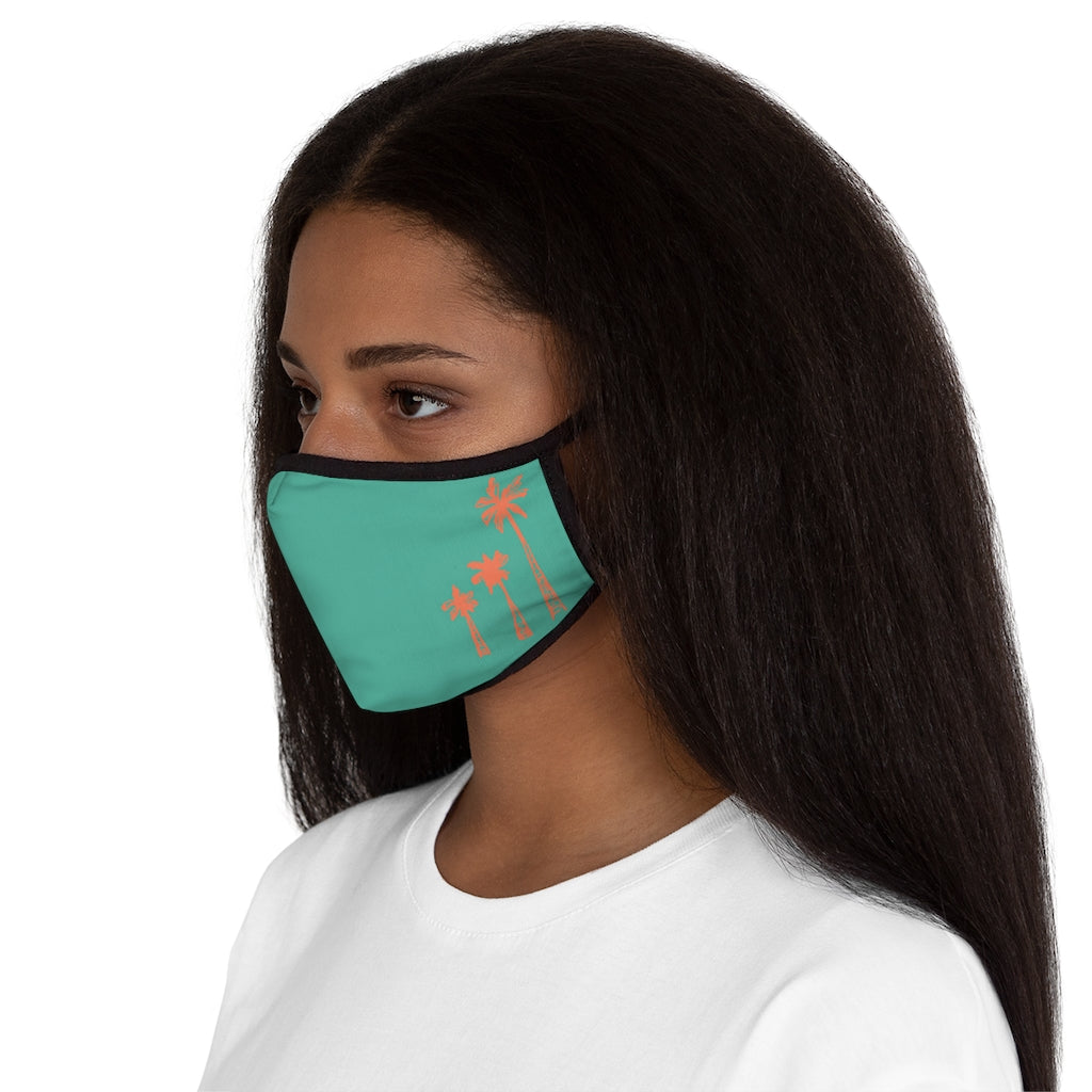 Coral Palm Trees and Hibiscus Flower Teal Hawaiian Style Form Fitted Polyester Face Covering Mask