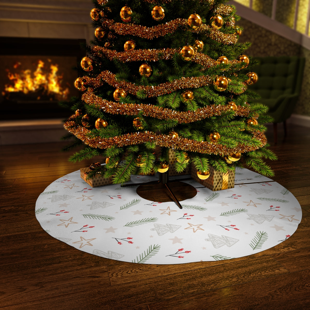 Stars Trees and Pine Needles ~ Christmas Holiday Round Tree Skirt