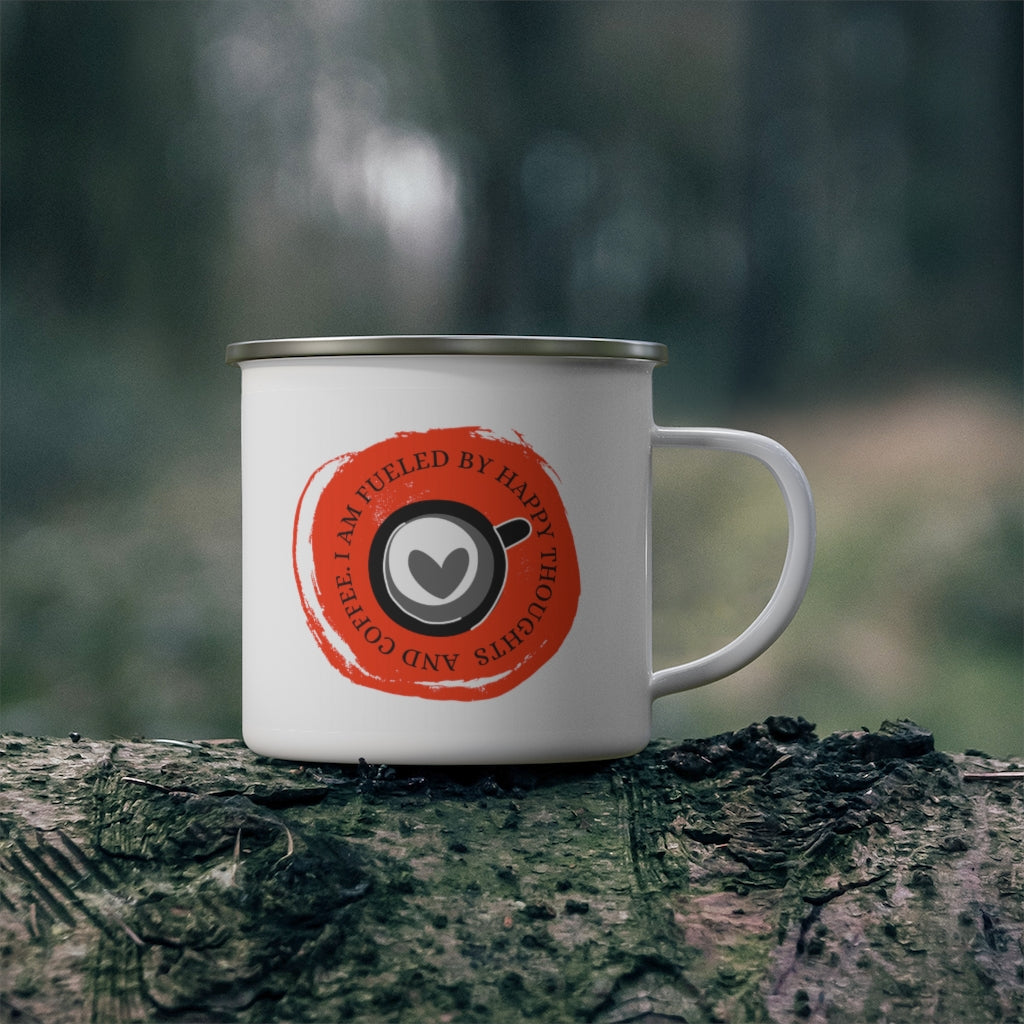 I Am Fueled By Happy Thoughts & Coffee ~ Lightweight Stainless Steel 12oz Enamel Camping Mug ~ Orange