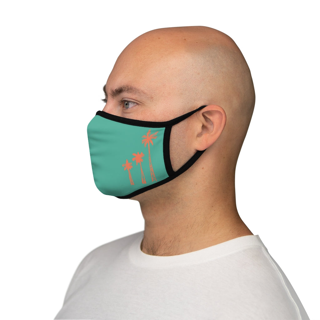 Coral Palm Trees and Hibiscus Flower Teal Hawaiian Style Form Fitted Polyester Face Covering Mask