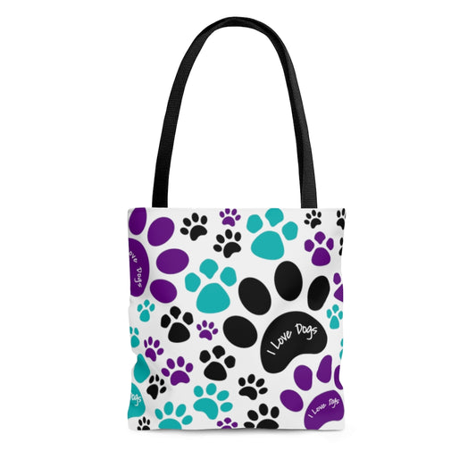 Teal Purple Pawprint I love Dogs Tote Bag - Grocery Travel Carry-on - 3 Sizes Available
