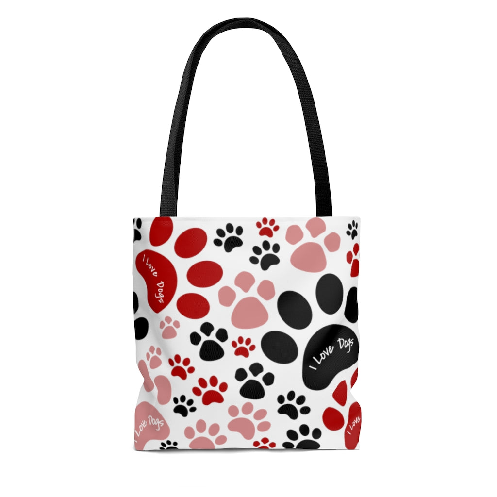 Red Pawprint I love Dogs Tote Bag - Grocery Travel Carry-on - 3 sizes