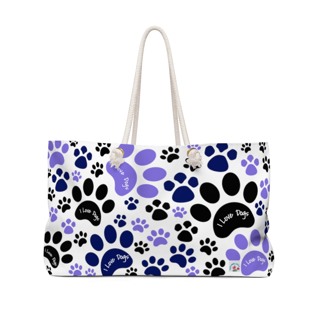 I Love Dogs Blue and Purple Pawprints Weekender Beach Bag - Travel Tote