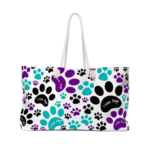 Purple and Teal I Love Dogs Pawprint Weekender Beach Bag - Travel Tote