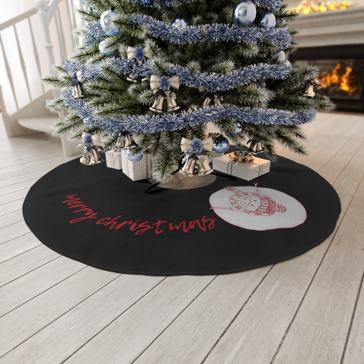 Black Red Merry Christmas with Round Snowman ~ Christmas Holiday Round Tree Skirt