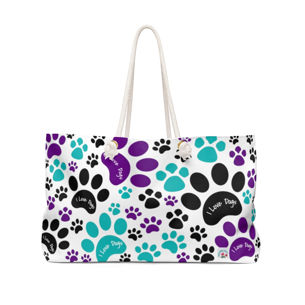 I Love Dogs Purple and Teal Pawprints Weekender Beach Bag - Travel Tote