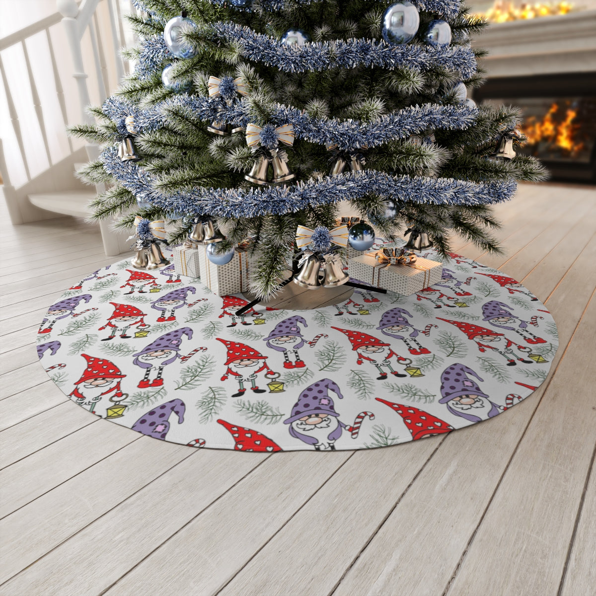Red White Grey Candy Cane and Gnomes ~ Christmas Holiday Round Tree Skirt