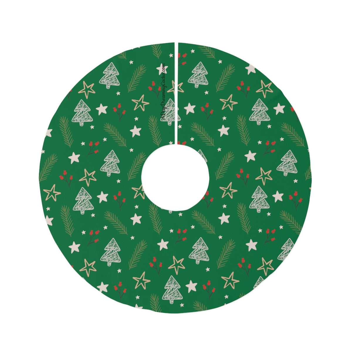 Green Stars Trees and Pine Needles ~ Christmas Holiday Round Tree Skirt