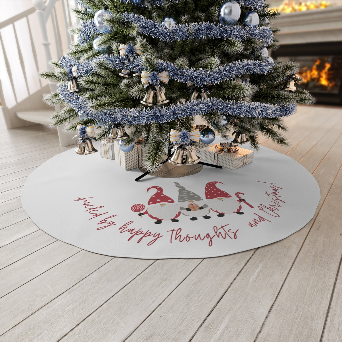 White Fueled by Happy Thoughts & Christmas with 3 Christmas Gnome ~ Christmas Holiday Round Tree Skirt