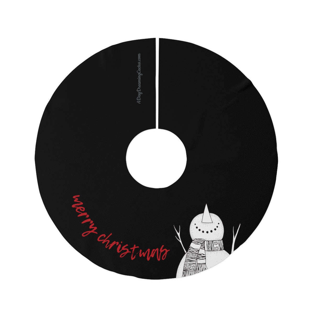 Black Red Merry Christmas with Look Up Snowman ~ Christmas Holiday Round Tree Skirt
