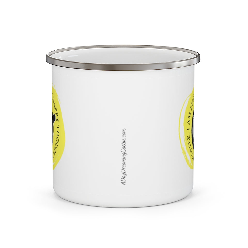 I Am Fueled By Happy Thoughts & Coffee ~ Lightweight Stainless Steel 12oz Enamel Camping Mug ~ Yellow