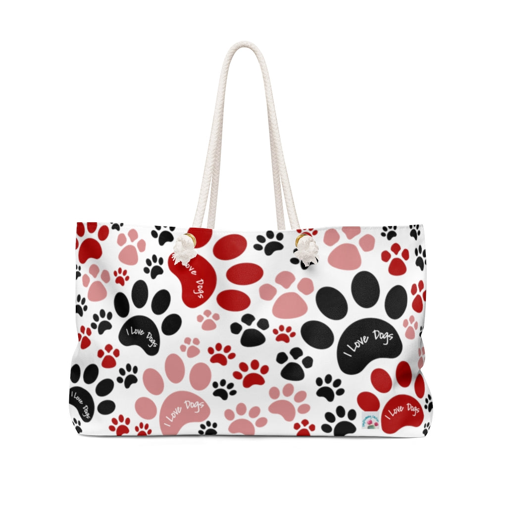 I Love Dogs Red Pawprints Weekend Beach Bag - Travel Tote