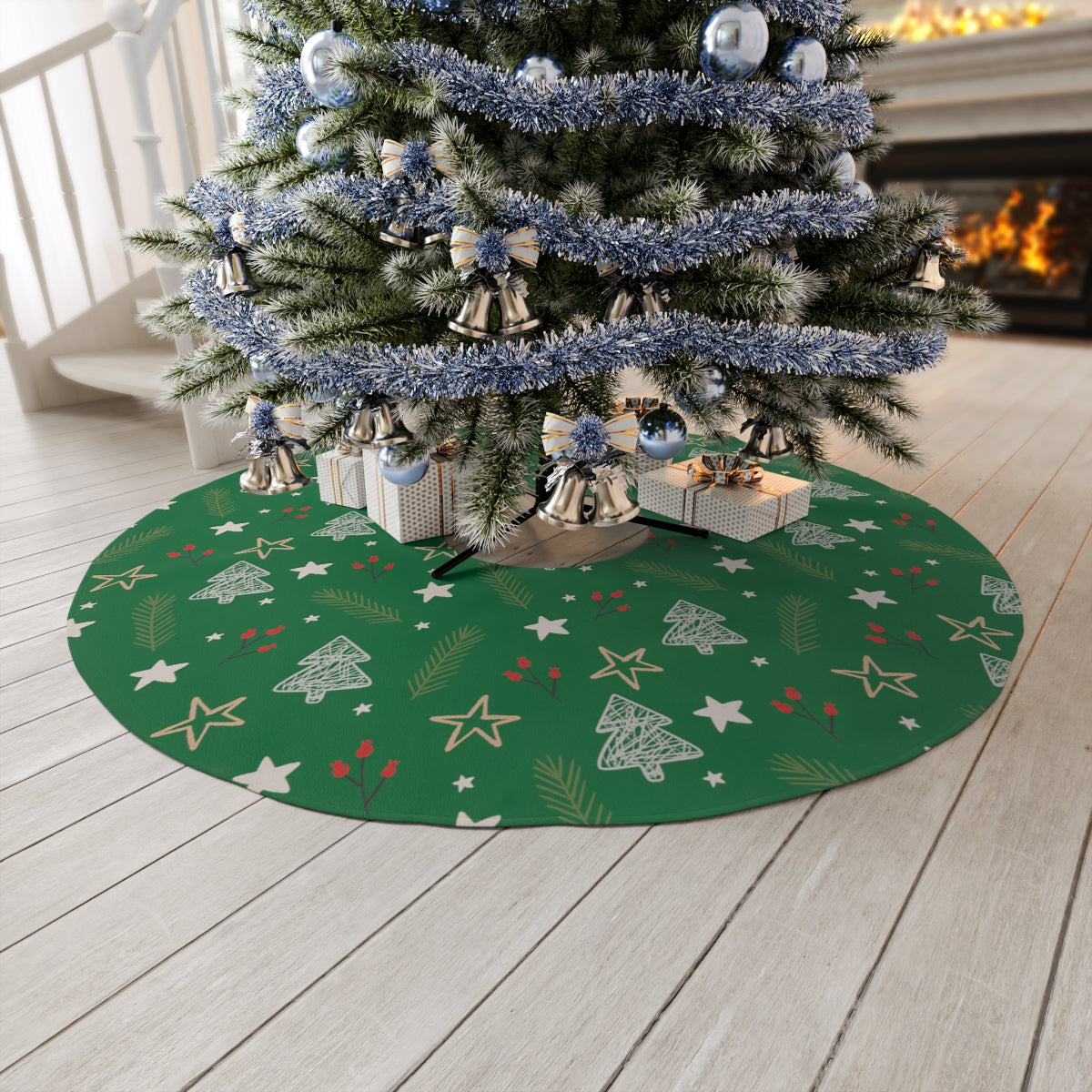 Green Stars Trees and Pine Needles ~ Christmas Holiday Round Tree Skirt