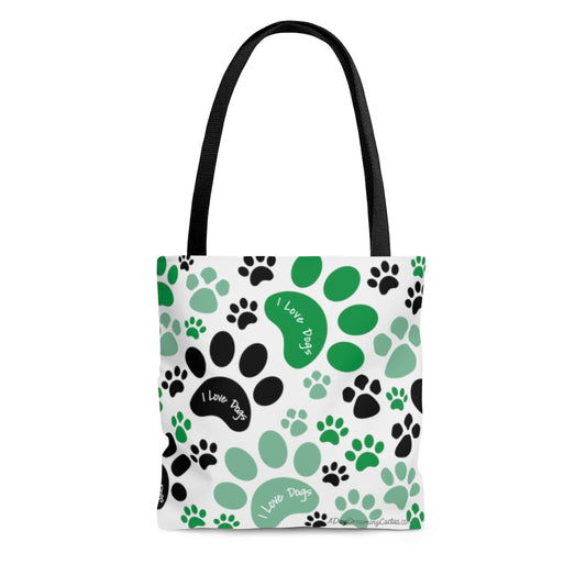 Green Pawprint I Love Dogs Tote Bag - Grocery Travel Carry-on - 3 Sizes Available