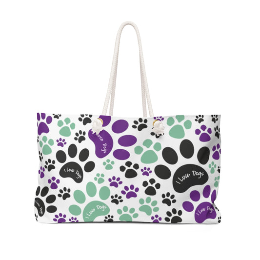 I Love Dogs Purple and Green Pawprints Weekender Beach Bag - Travel Tote