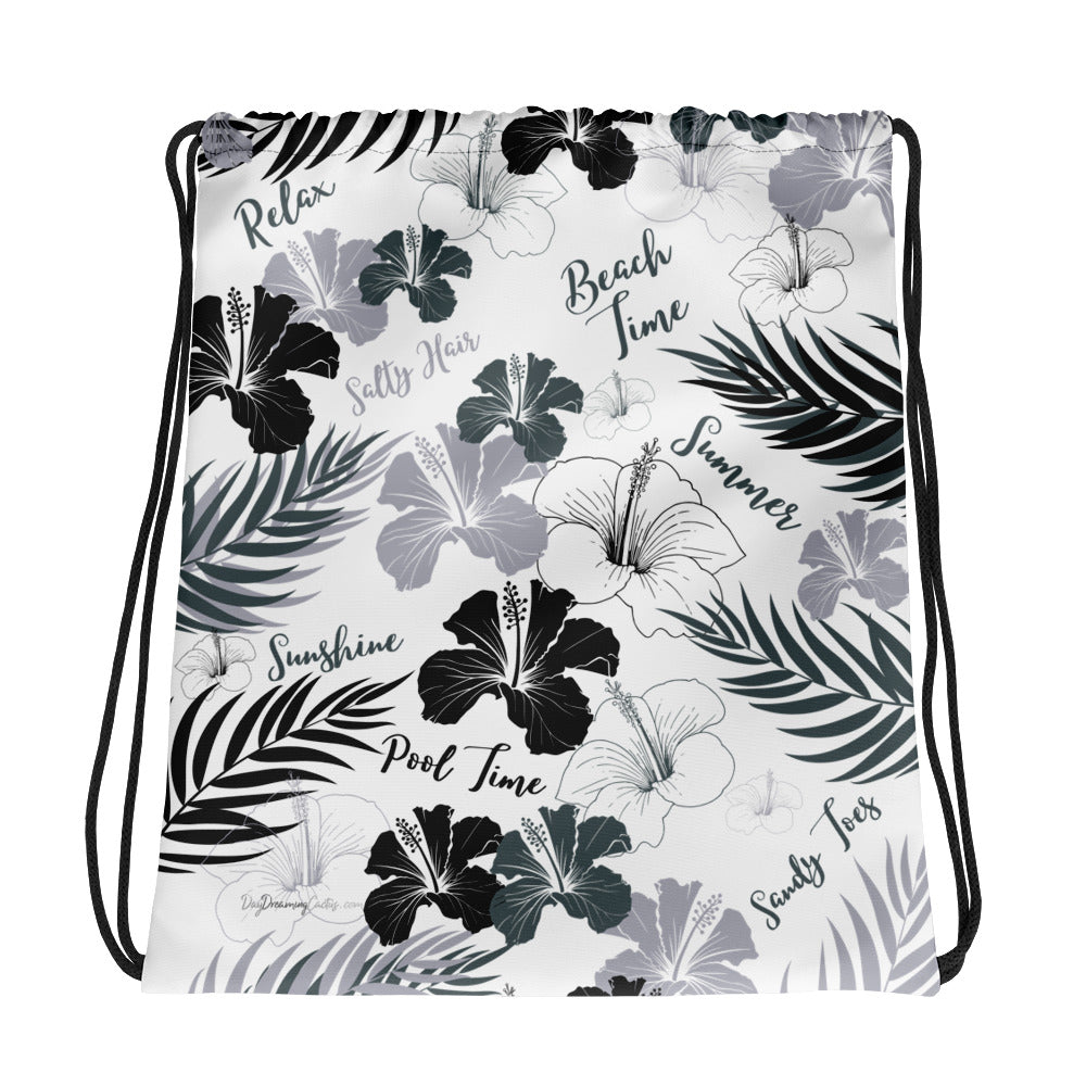 Hibiscus Island White and Black Drawstring Bag - Grocery Travel Carry-on