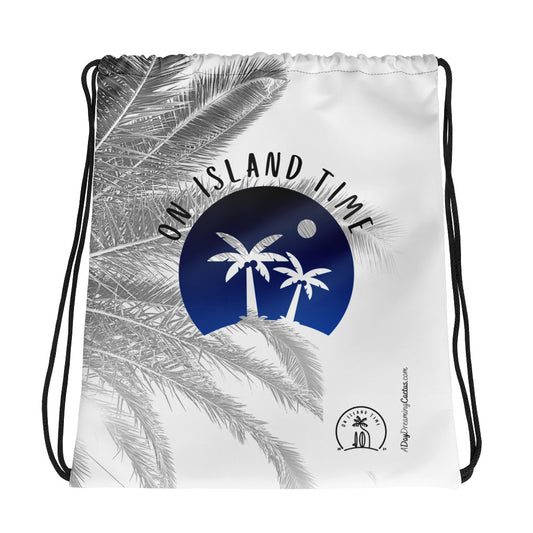On Island Time Blue Graphic Beachy Vibe Drawstring Backpack - Grocery Travel Tote Bag