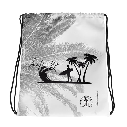 Surf's Up Black and White Beachy Vibe Drawstring Backpack - Grocery Travel Tote Bag