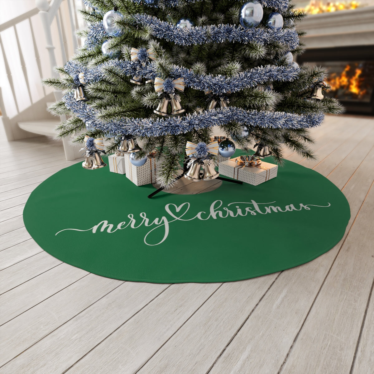 Green White Merry Christmas ~ Christmas Holiday Round Tree Skirt