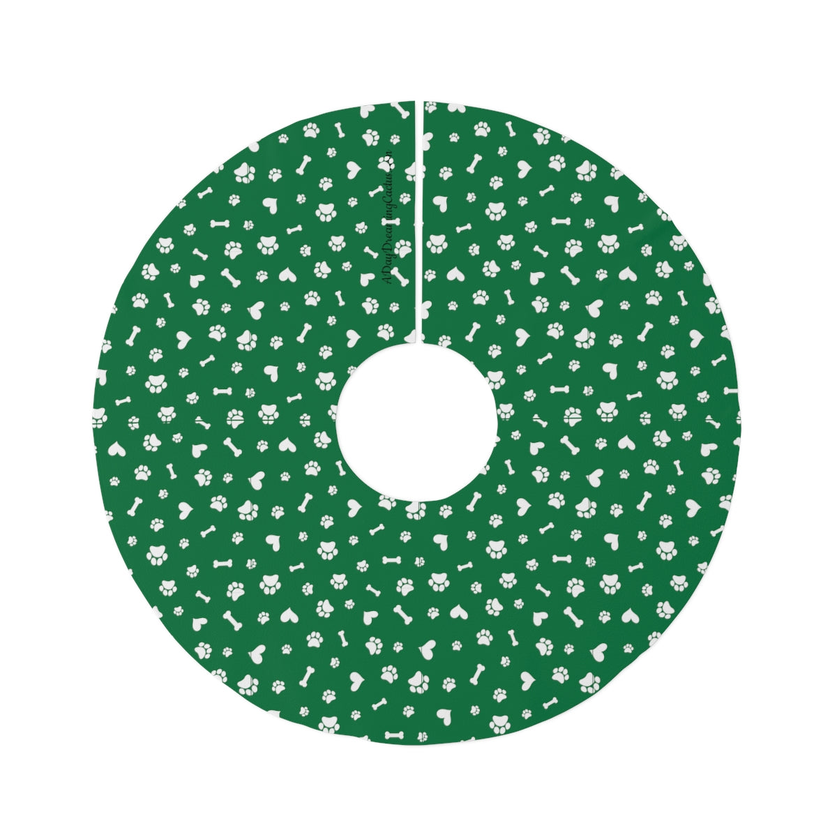 Green White Pawprints, Hearts and Bones ~ Christmas Holiday Round Tree Skirt
