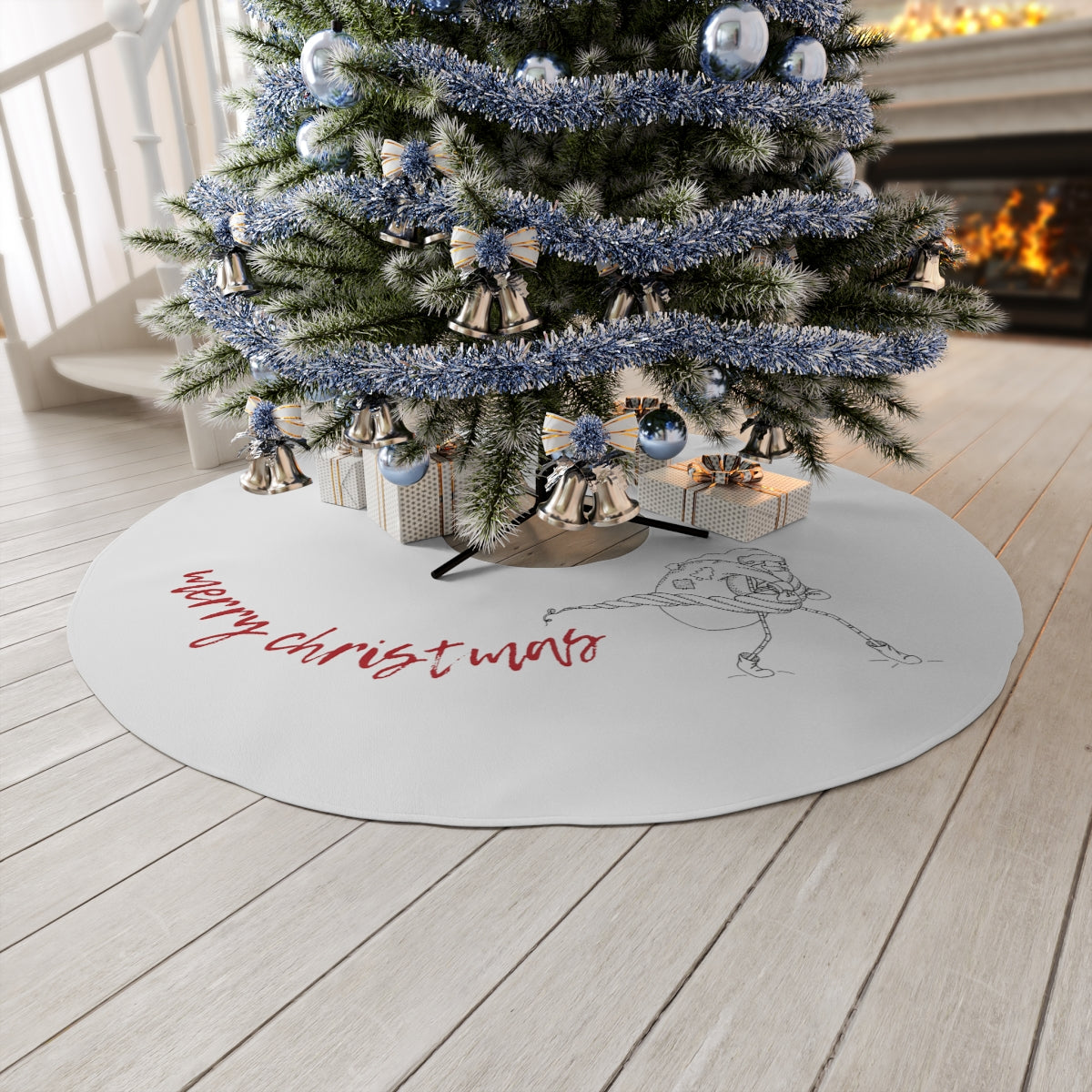 White Red Merry Christmas with Santa and Presents ~ Christmas Holiday Round Tree Skirt