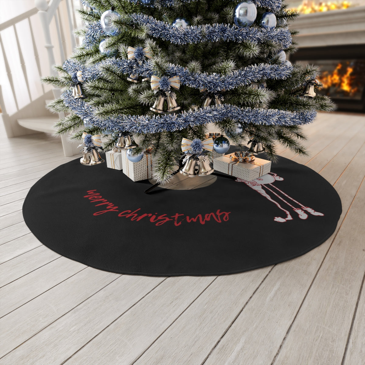 Black Red Merry Christmas with Standing Snowman ~ Christmas Holiday Round Tree Skirt